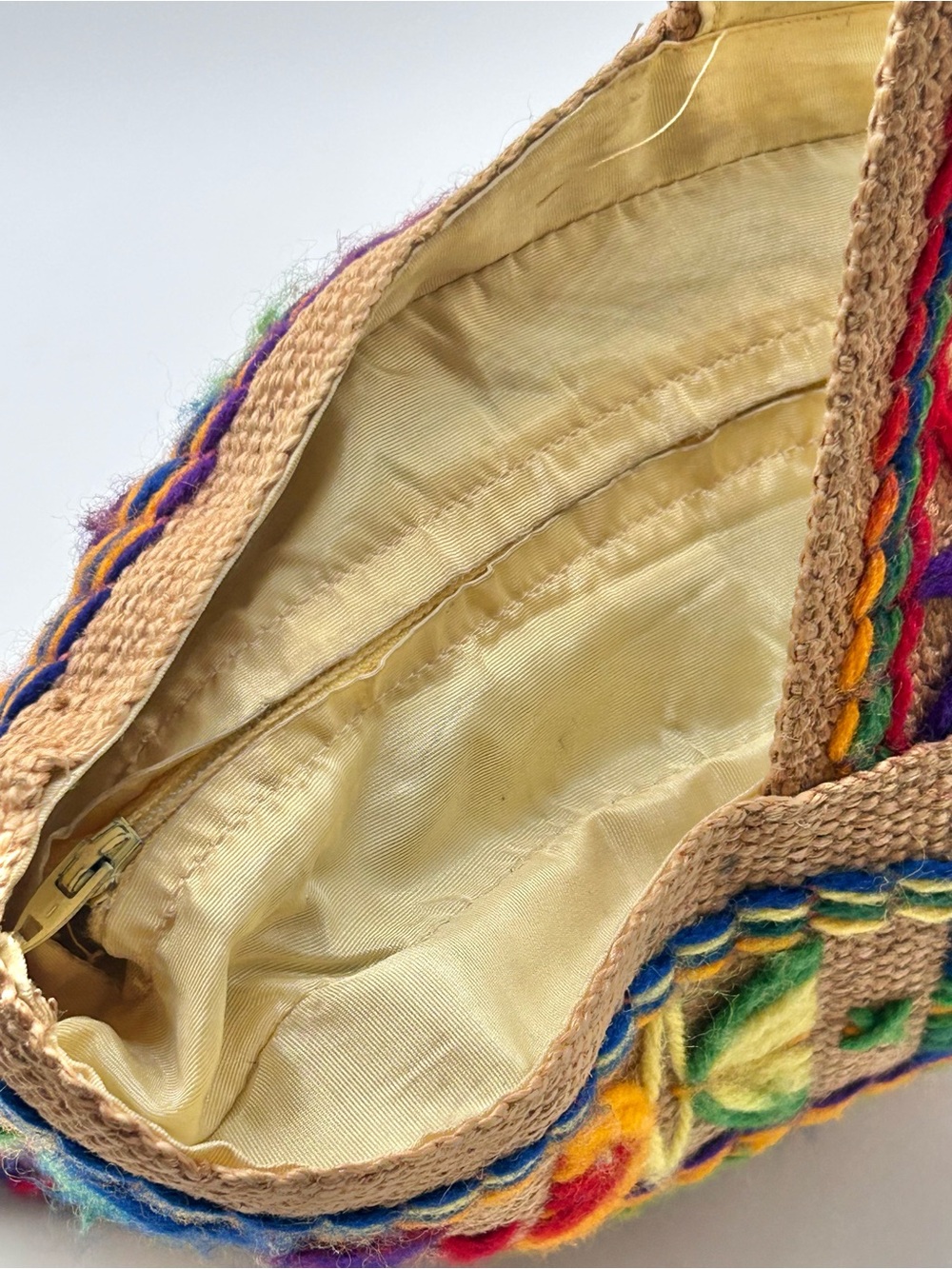 Vintage 70s Burlap Purse Bag Tote Multi Color Embroidery BOHO Hippie 14" - Picture 6 of 11